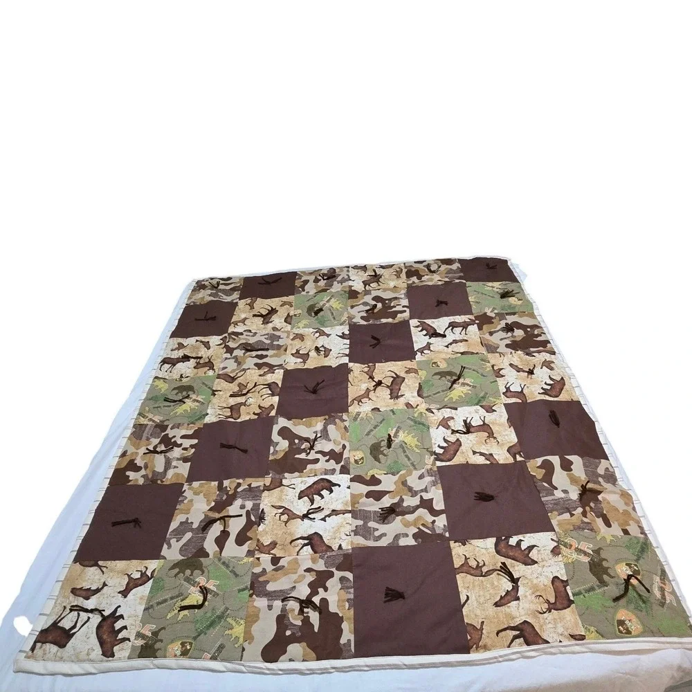 New Handmade Quilted‎ Blanket Patchwork Camo Deer Fox Fish Nature Print /0186